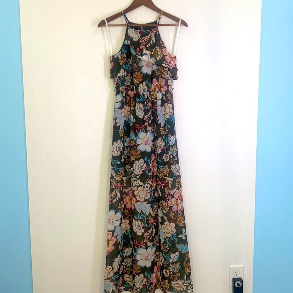 IZ Byer - Dark Green With Beautiful Bright Floral Maxi Dress Size XS